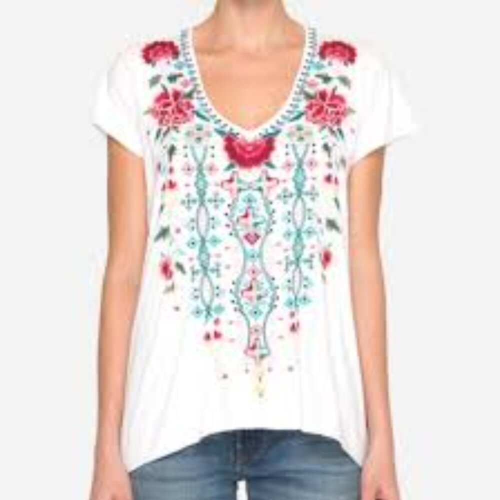 Johnny Was Floral Embroidered Cotton Top